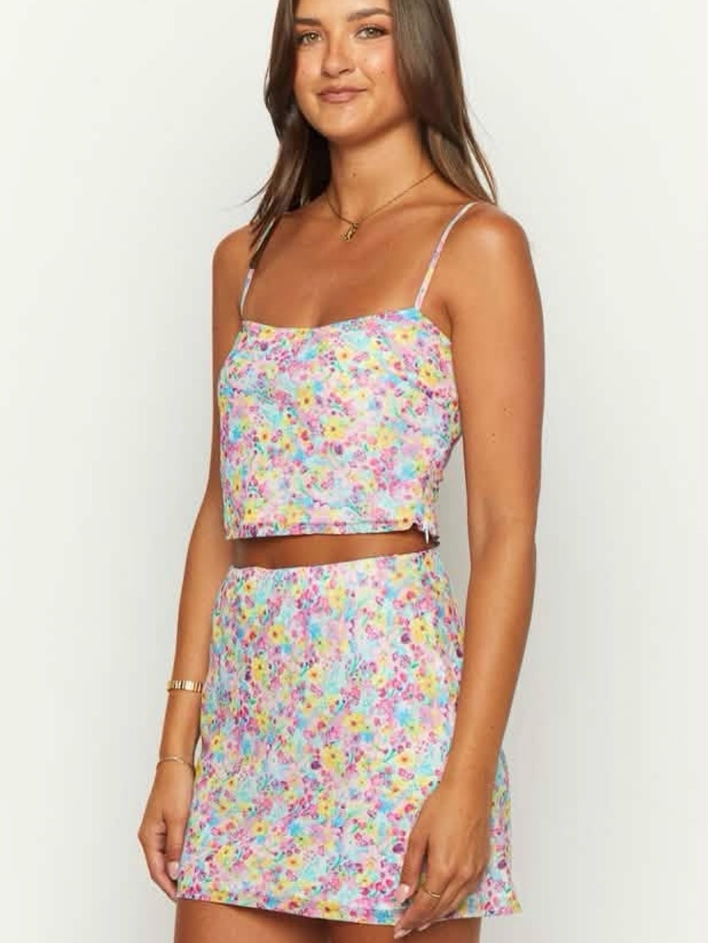 Beginning Boutique Floral Mini Skirt & Crop Top Set - White, Yellow, Pink, Blue